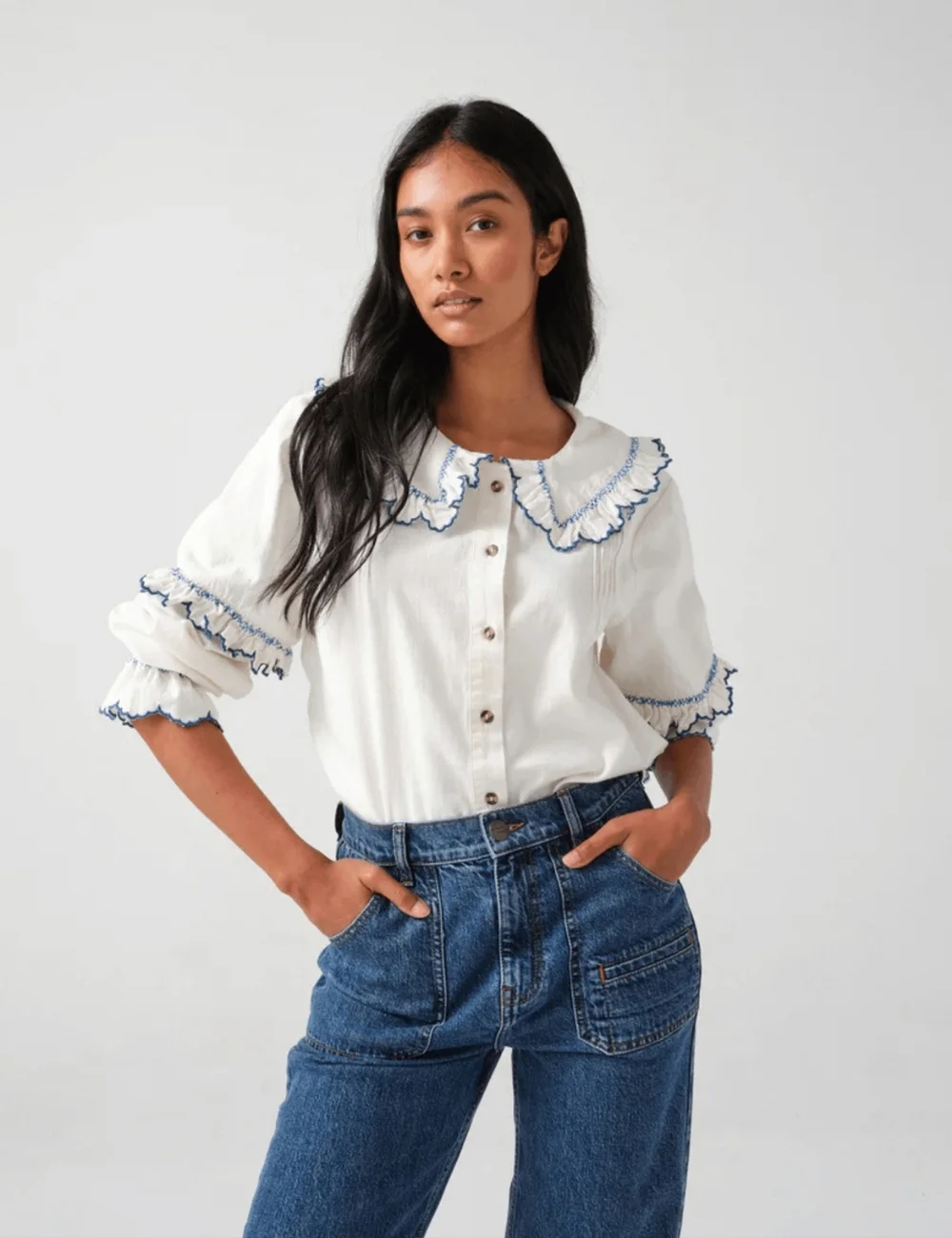 seventy + mochi | Phoebe Blouse In Ecru/Electric Blue - Picture 14 of 15